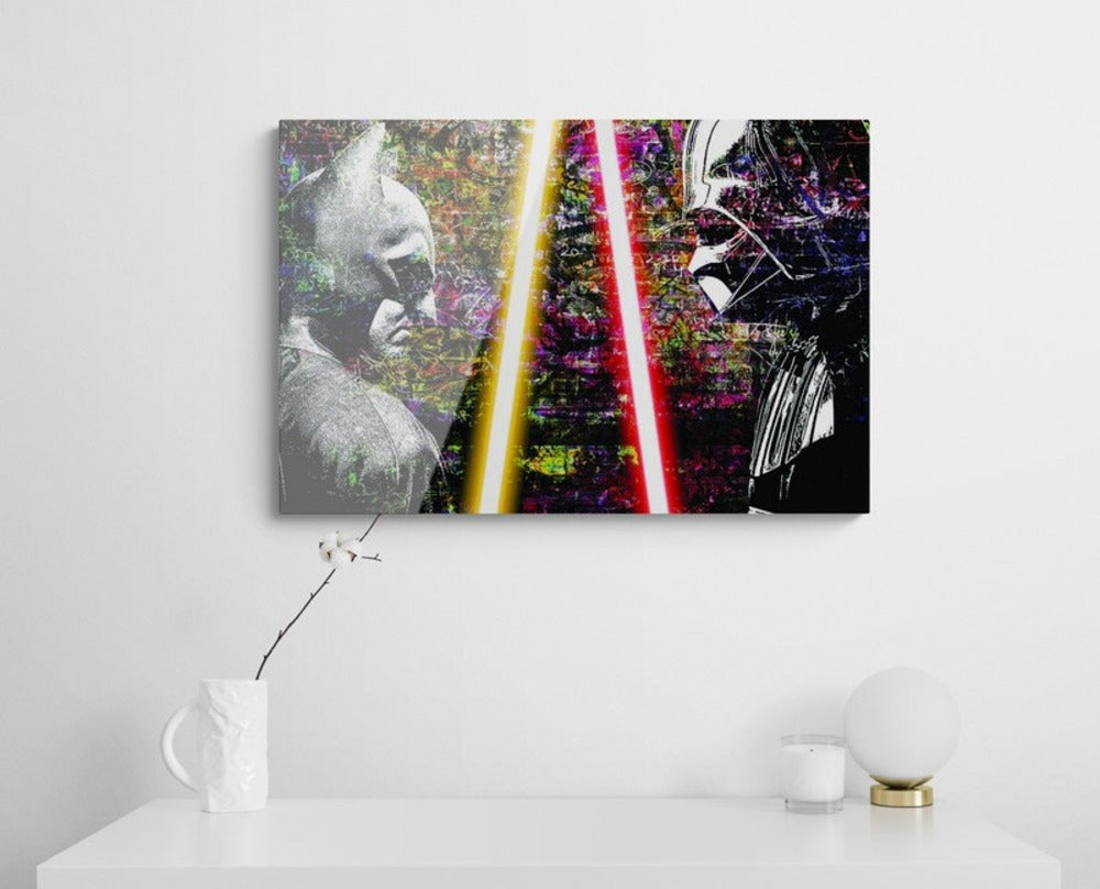 dark duel pop art plexiglass artwork hero villain confrontation yoons