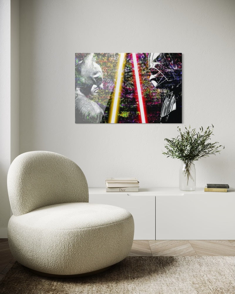 dark duel pop art plexiglass artwork hero villain confrontation yoons